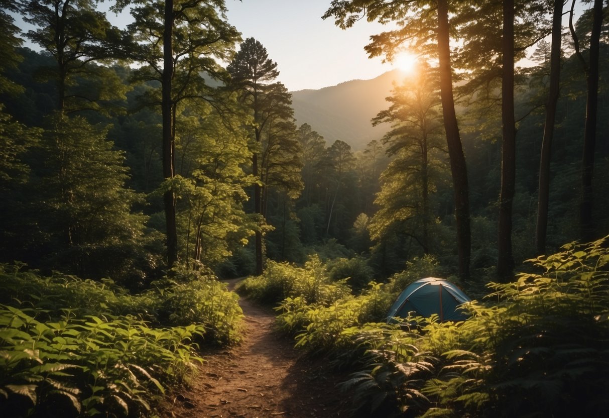 Sunset over lush forests, winding trails, and cozy campsites nestled in the Great Smoky Mountains, NC/TN. Orienteers navigate through the serene landscape, surrounded by nature's beauty