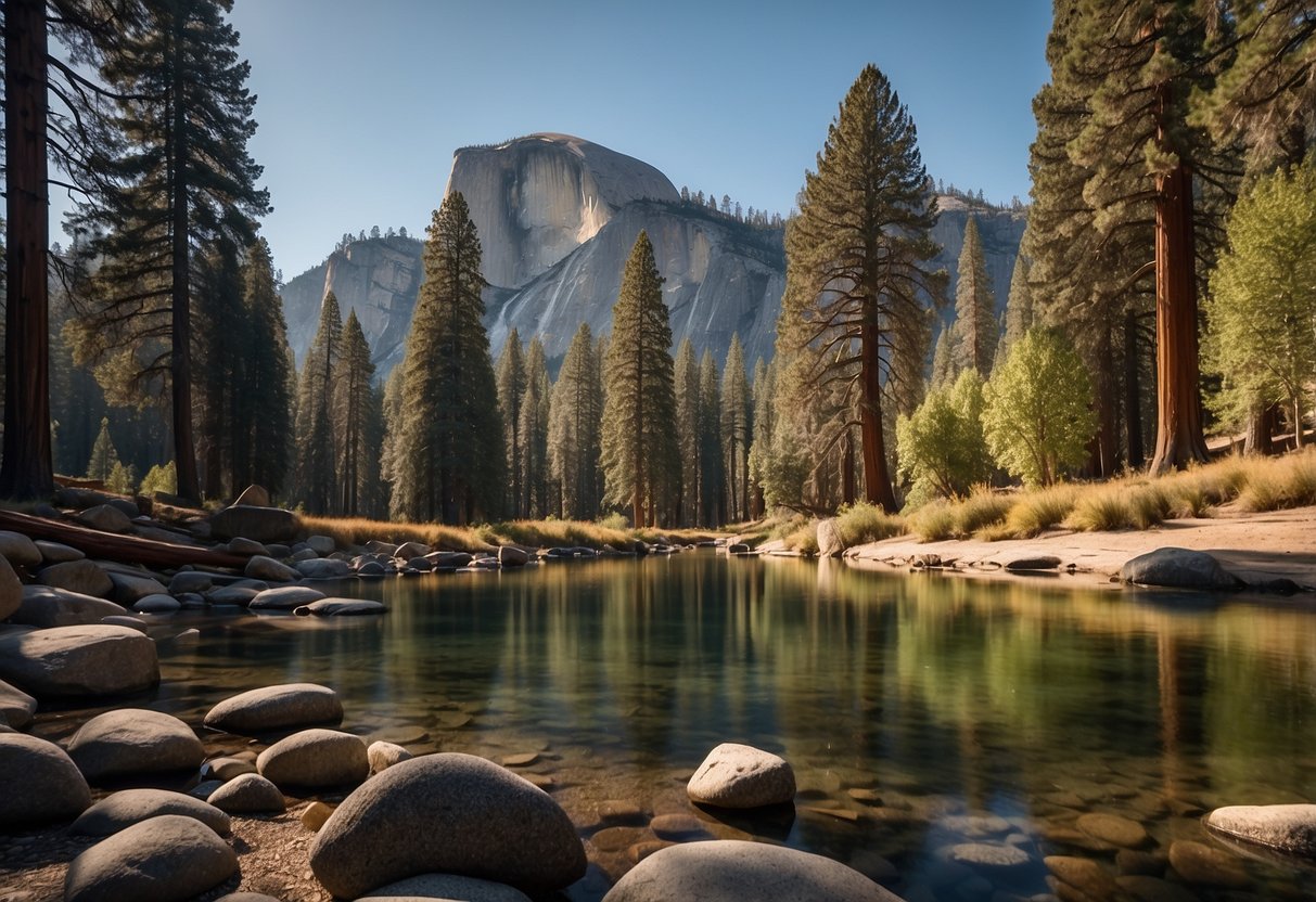 A serene campsite nestled among towering sequoias, with a babbling creek and panoramic views of the granite peaks of Yosemite National Park