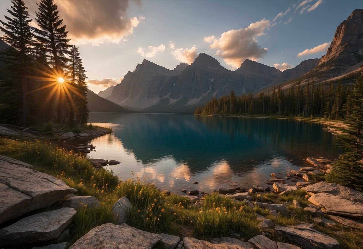 Sunset over rugged peaks, pine trees, and pristine lakes in Glacier National Park, MT. Orienteers setting up camp at top 10 sites