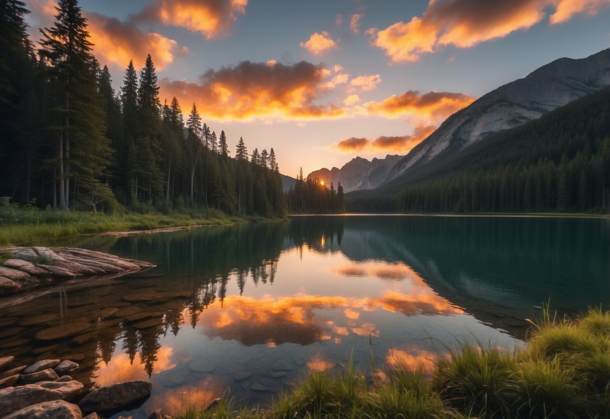 Sunset over a serene lake, surrounded by towering peaks and lush forests, with several well-marked campsites for orienteers to explore