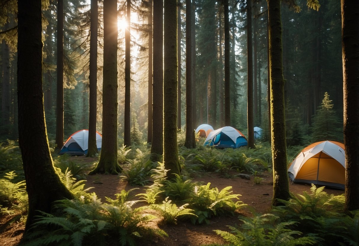 Tall trees surround a clearing with tents pitched in the Olympic National Park. Orienteering flags mark the best campsites, nestled among lush greenery