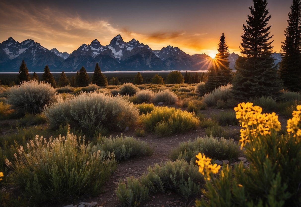 Sunset over Grand Teton National Park, with 10 campsites nestled among the rugged mountains, perfect for orienteers seeking adventure