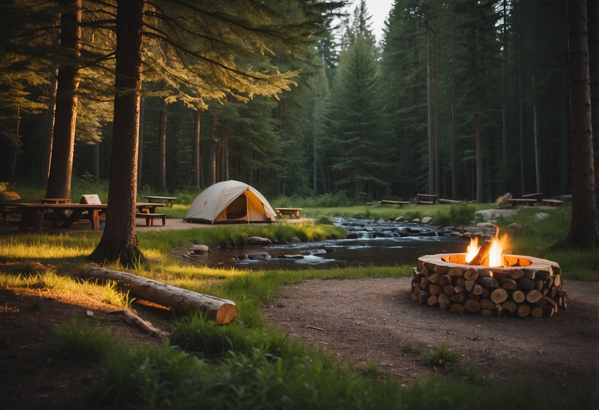 A serene campsite nestled in a lush forest, with a clear stream running through it. A cozy fire pit surrounded by logs for seating, and a spacious clearing for setting up tents. Tall trees provide shade and privacy for campers