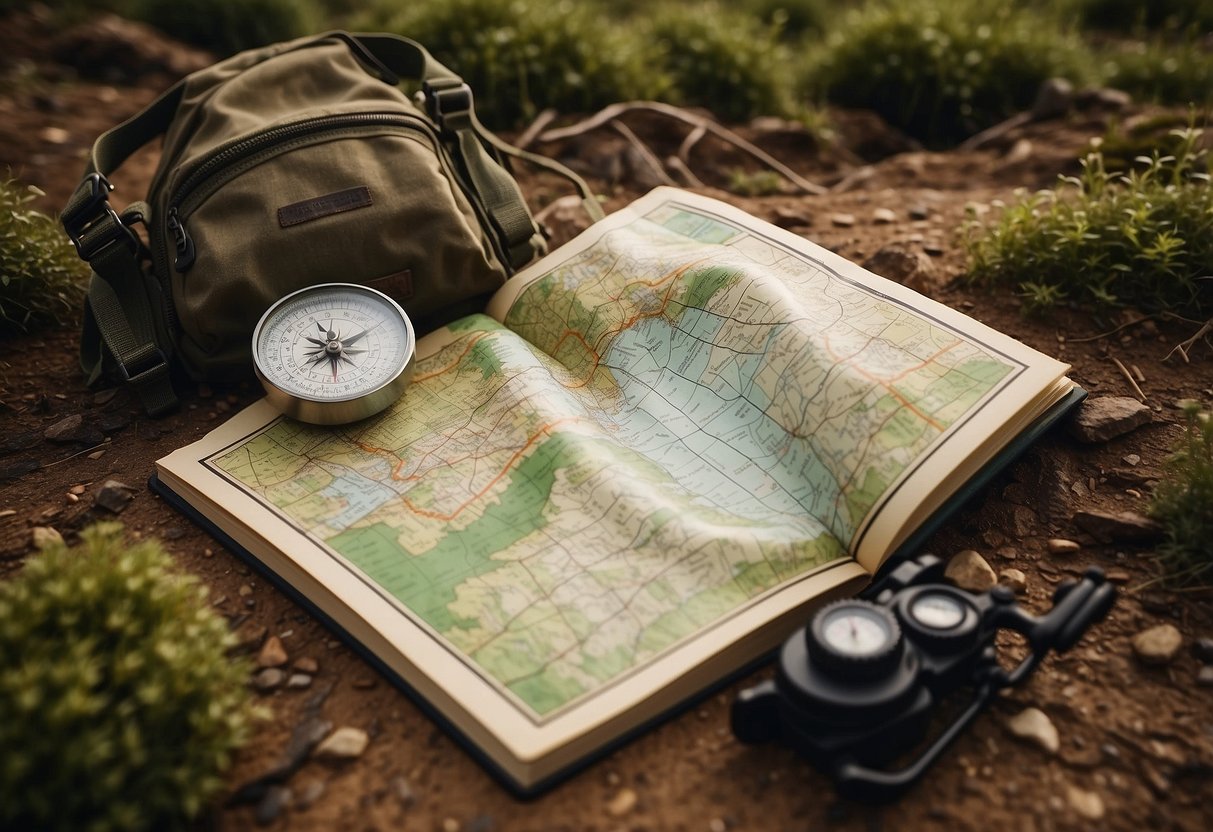 A map, compass, and backpack lay on a rugged trail. A budget-friendly orienteering guidebook rests nearby, open to a page titled "7 Tips for Orienteering on a Budget."