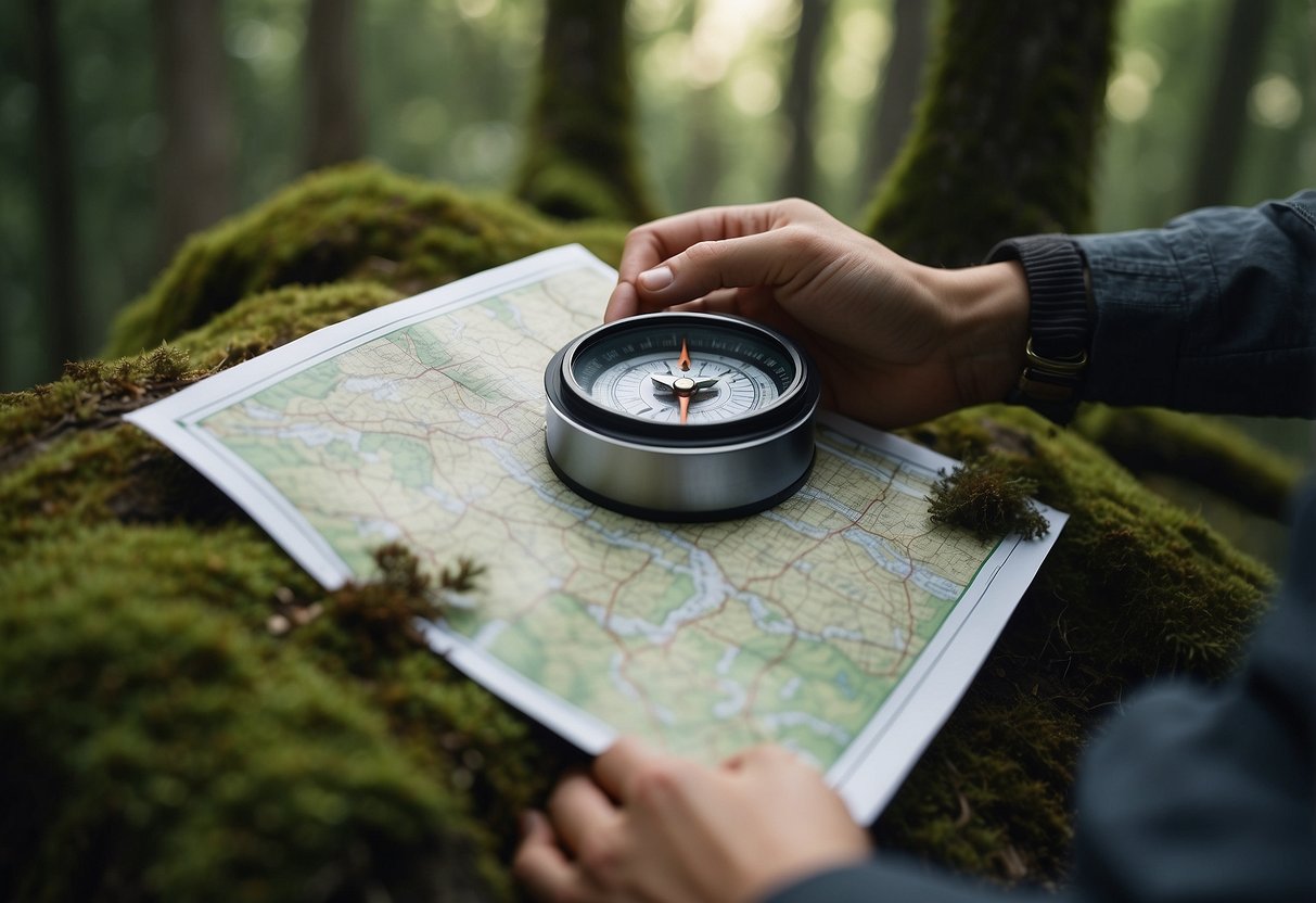 A person navigating through a forest with a map and compass, wearing simple outdoor gear. Trees and bushes surround them as they follow a trail