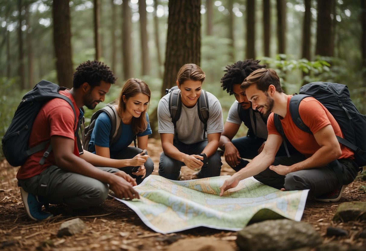 A group of diverse individuals gather around a map, compass, and backpacks, discussing their next orienteering adventure. A budget-friendly atmosphere is evident as they share tips and plan routes for their upcoming excursions