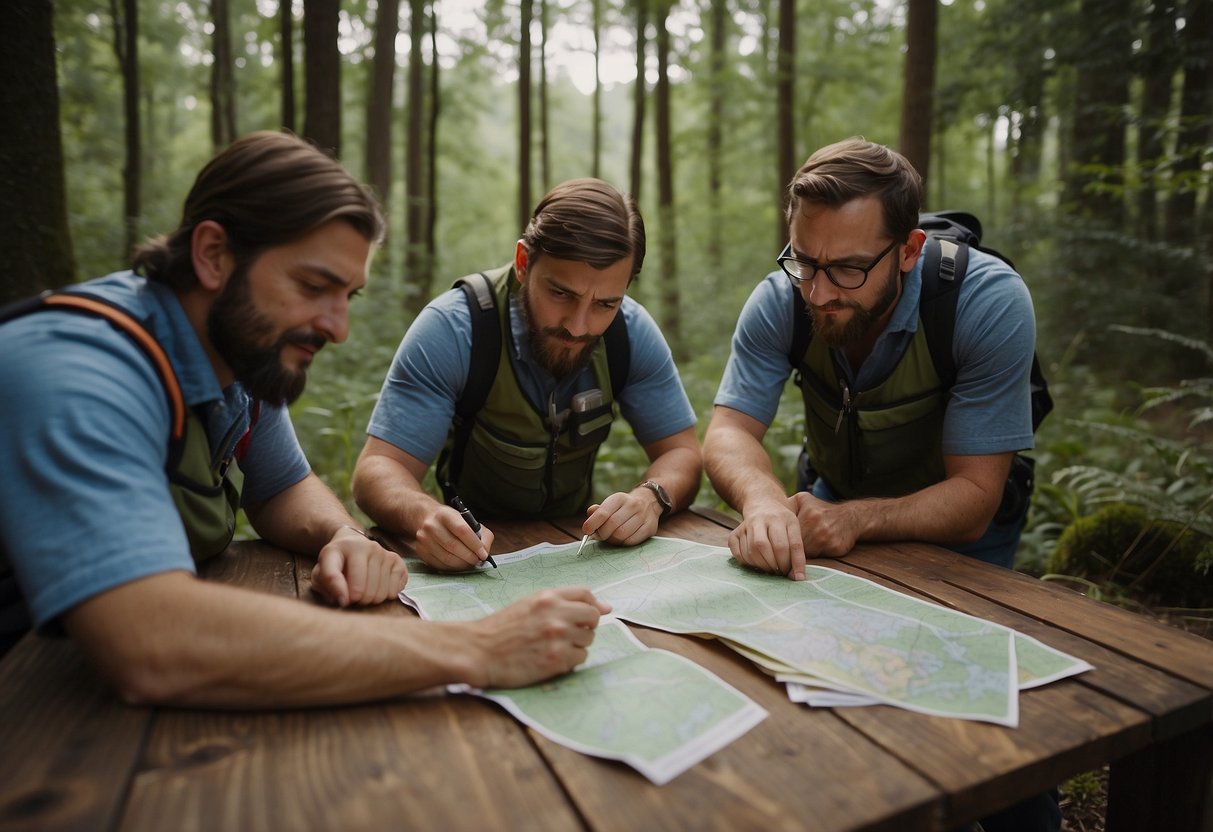 A group of orienteers gather around a table, exchanging compasses, maps, and other equipment. They share tips and strategies for navigating on a budget