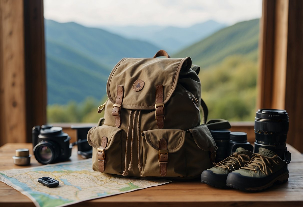 A map, compass, and hiking gear lay on a table. A backpack with supplies sits nearby. Trees and hills are visible through a window