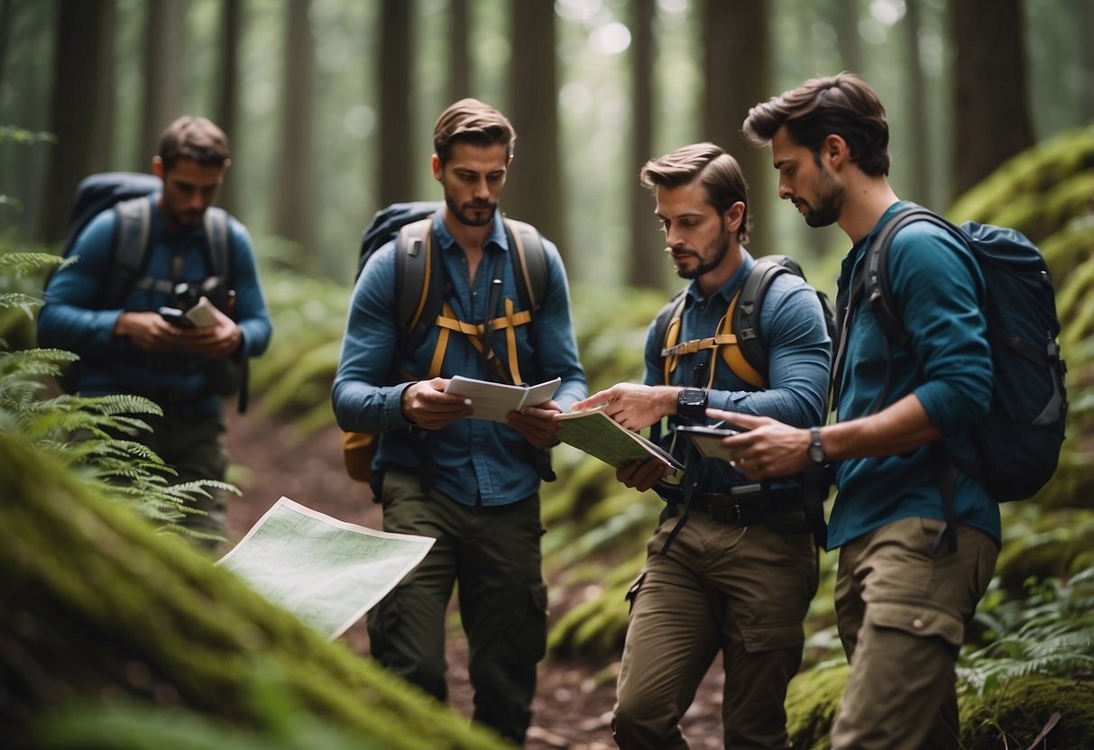 A group of people navigating a forest with maps and compasses, searching for checkpoints. They carry minimal gear and move efficiently through the terrain