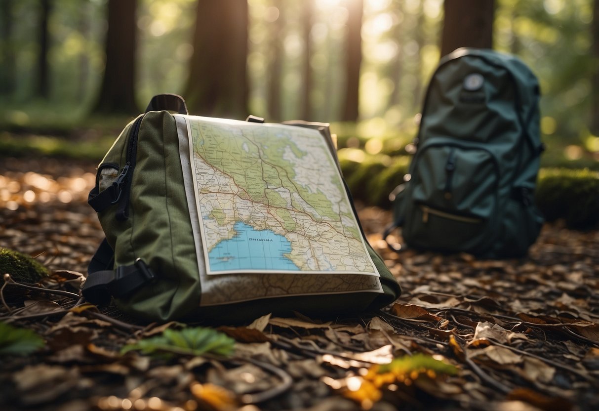 A map and compass lay on a forest floor, surrounded by trees and a trail. A backpack sits nearby, filled with supplies. The sun shines through the leaves, casting dappled light on the scene