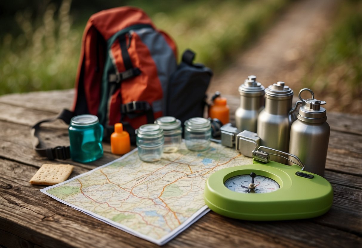 A table with a map, compass, whistle, and water bottle. A backpack with a first aid kit and snacks. A budget-friendly orienteering guidebook