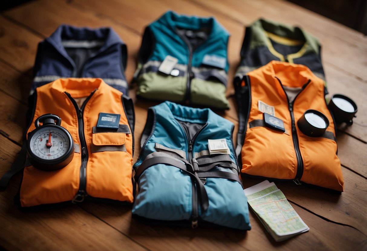 Five lightweight vests arranged on a wooden table with a map, compass, and orienteering markers scattered around them