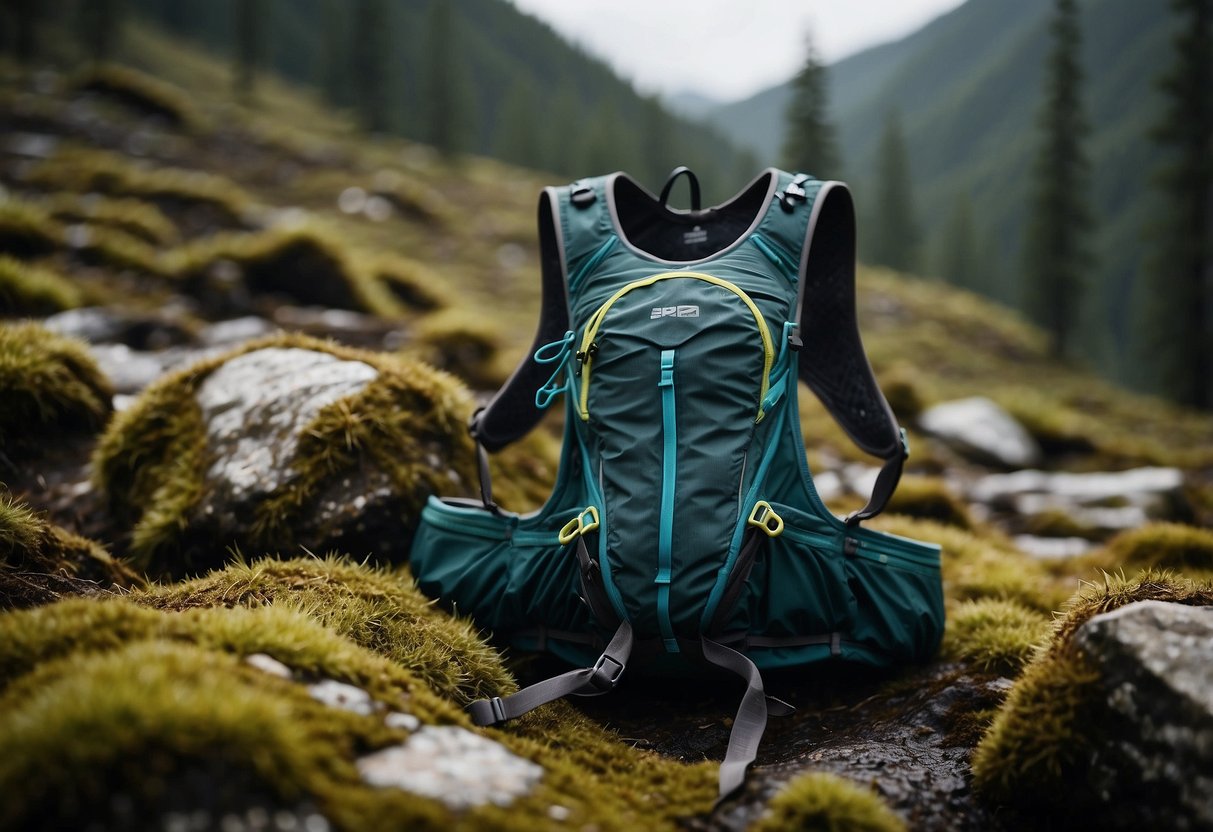 A trail runner's lightweight vest, Salomon ADV Skin 12 Set, lays on a moss-covered rock in a dense forest, surrounded by compasses, maps, and energy gels