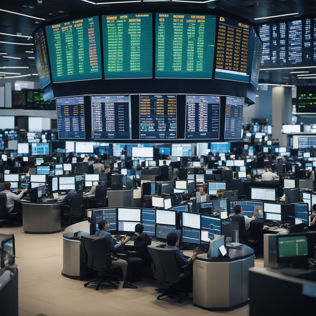 A bustling trading floor with currency exchange rates displayed on screens, traders gesturing and shouting orders, and a world map highlighting global financial centers