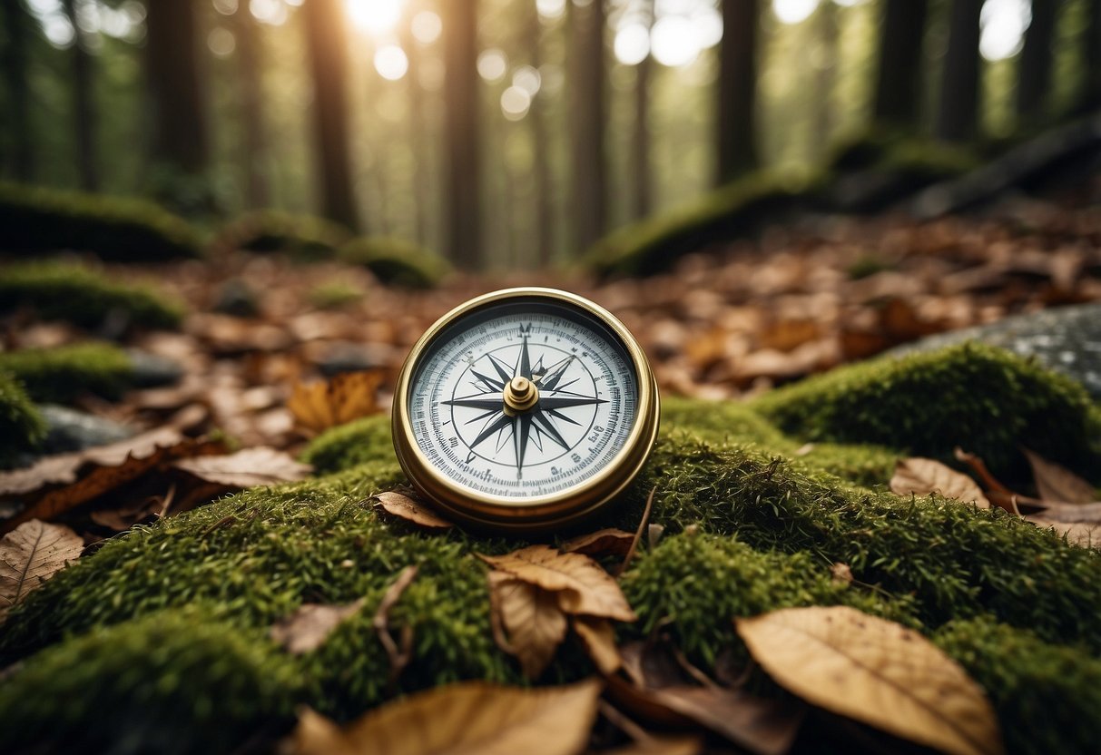 A compass lies abandoned on the ground amidst a dense forest, surrounded by fallen leaves and moss-covered rocks. The sun filters through the trees, casting dappled shadows on the forest floor