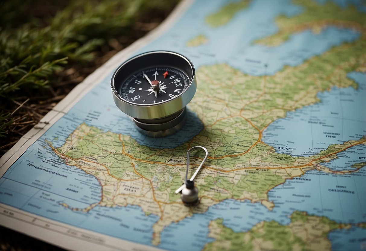 A map with incorrect route, compass pointing wrong way, and confused orienteer in a forest