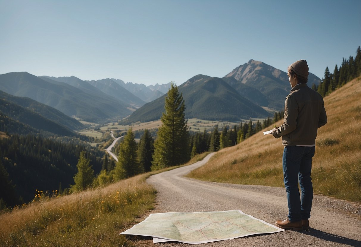 A person stands at a trail junction, looking confused. A map in their hand shows the wrong route. Trees and hills surround them