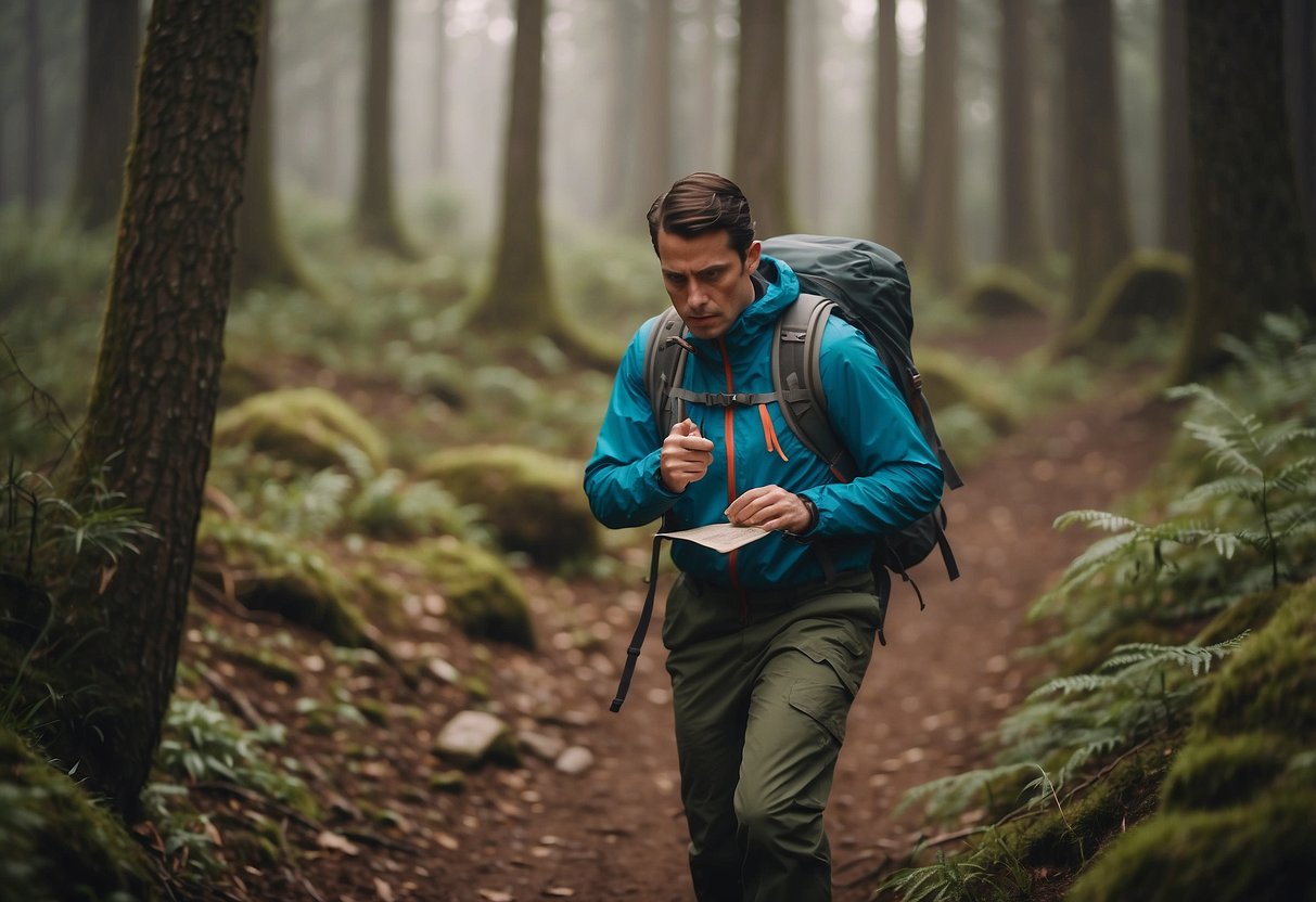 A lone orienteer confidently heads off-trail, ignoring map and compass. Nearby, others make similar mistakes