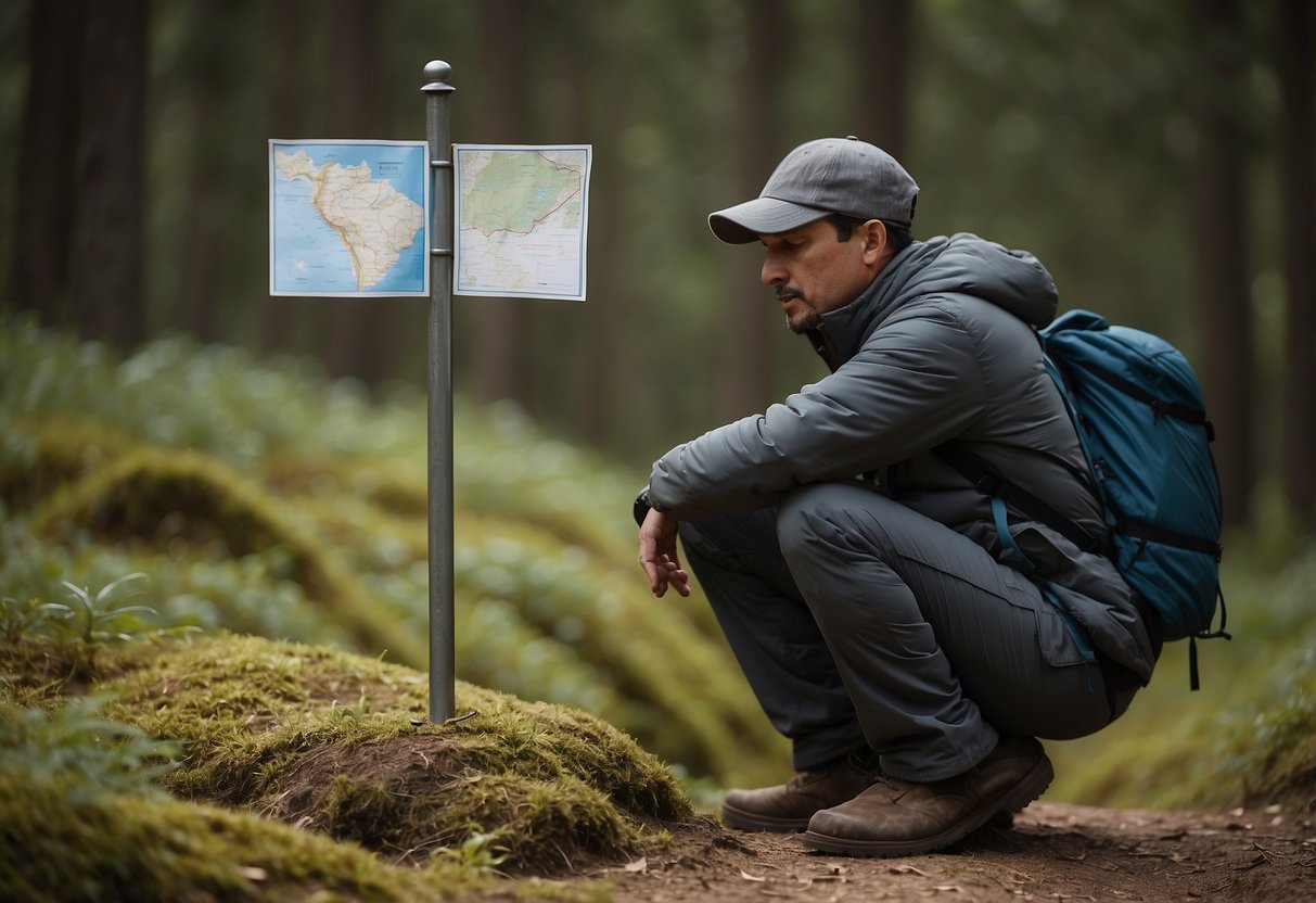 A person misses a trail marker, holds map upside down, and heads in wrong direction