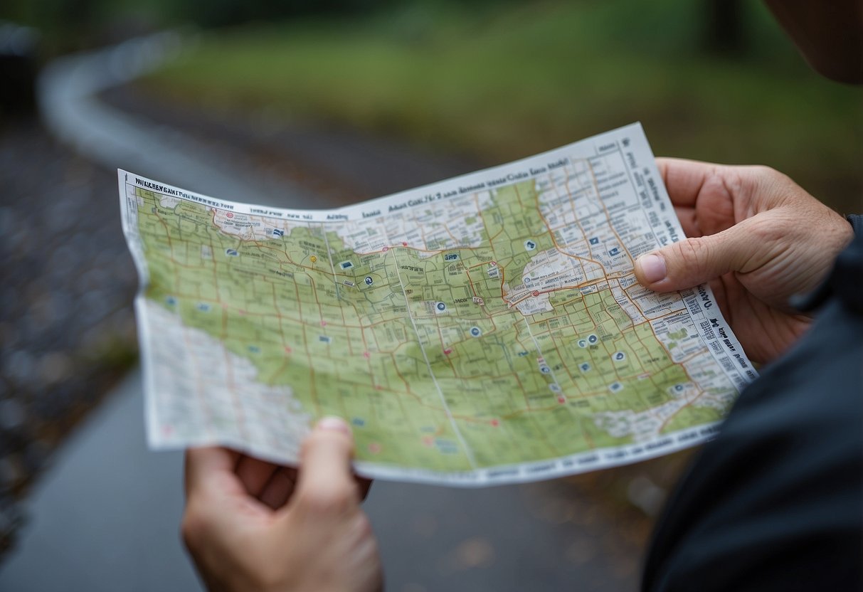 Orienteering map held in hand, rain pouring down, wrong route chosen, frustrated expression