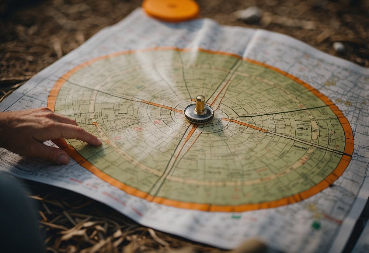 Orienteering map with wrong routes marked, compass pointing in the wrong direction, and confused participants making mistakes