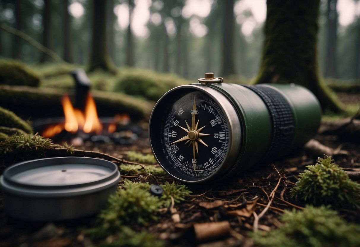 A forest scene with a compass, map, and warm clothing laid out. A small campfire crackles nearby, with a steaming thermos and a cozy tent in the background