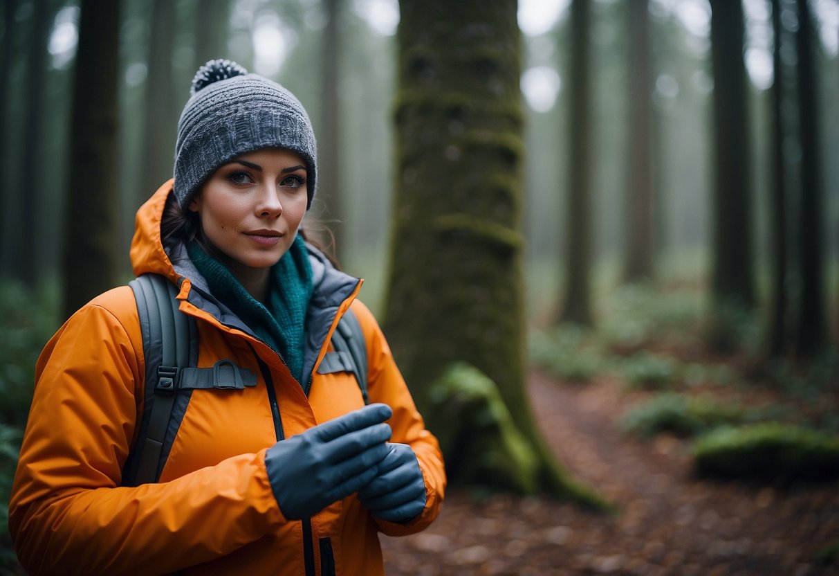 A figure stands in a forest, layering clothing. They wear a base layer, fleece, and waterproof jacket. A hat and gloves complete the ensemble for warmth while orienteering