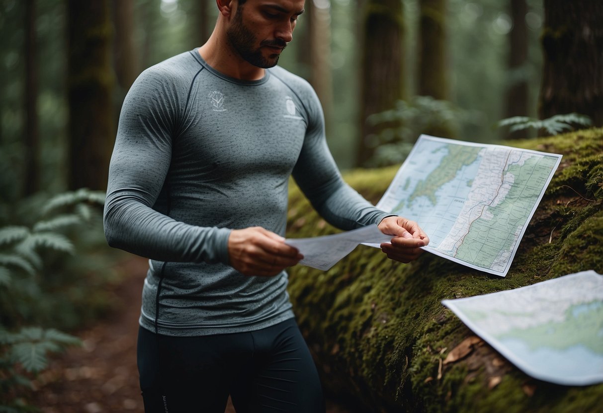 A person wearing moisture-wicking base layers in a forest setting, surrounded by trees and navigating with a map and compass