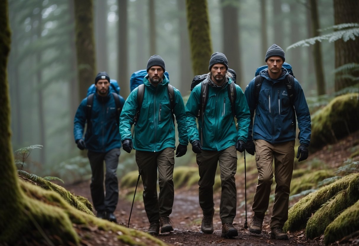 A group of orienteers trek through a forest in waterproof outerwear, using compasses and maps. They stay warm with layered clothing and insulated gear