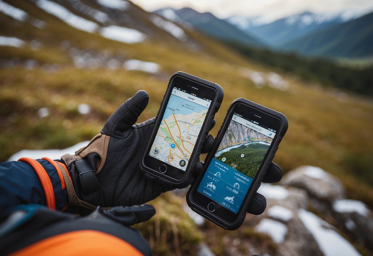 A hand reaching for insulated gloves, surrounded by a map, compass, and other orienteering gear. The scene is set in a cold, outdoor environment