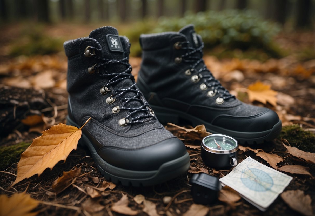 A pair of wool socks laid out next to a compass, map, and thermos on a forest floor. Fallen leaves and pine needles surround the items, creating a cozy and warm atmosphere