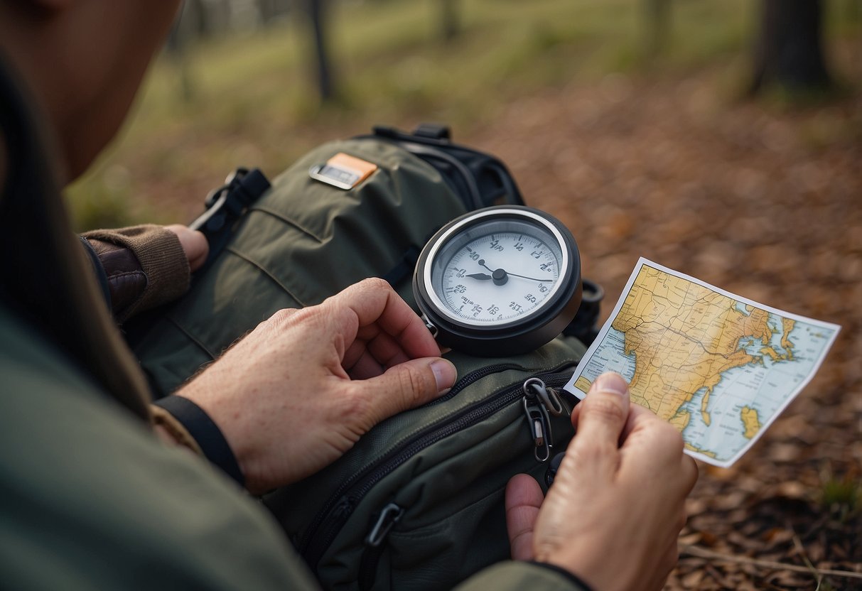 A hand reaches into a backpack, grabbing hand warmers. A map and compass sit nearby. The scene is set outdoors, with trees and a trail visible in the background