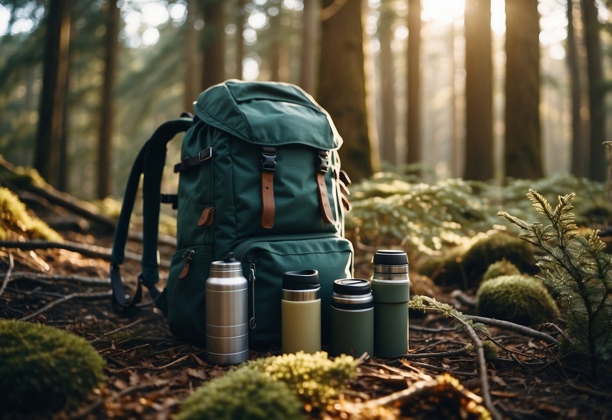 A forest with layers of clothing, backpack, map, compass, and thermos. Trees and bushes show signs of winter. Sunlight filters through the branches