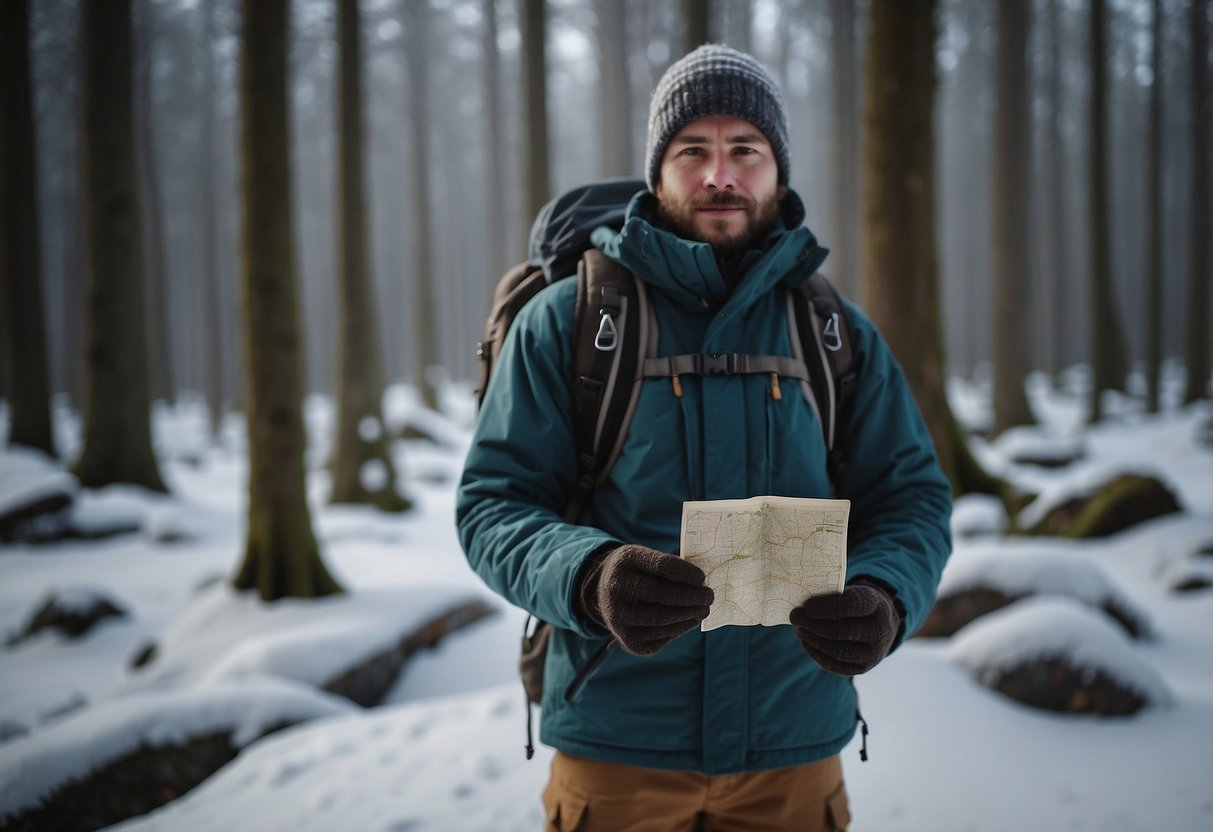 A person standing in a forest, surrounded by trees and wearing layers of warm clothing, gloves, and a hat. They are holding a map and compass, with a backpack filled with supplies at their feet