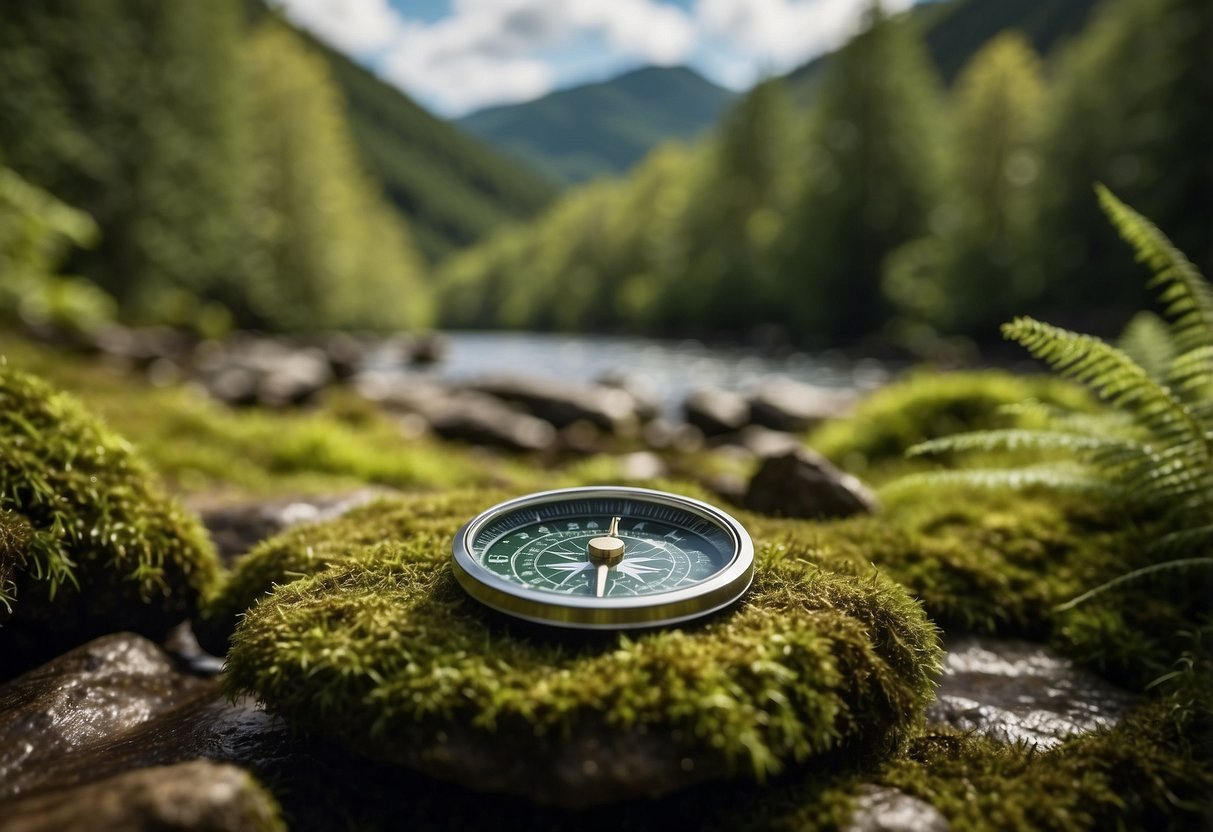 A lush forest with vibrant foliage, rolling hills, and clear streams. A map and compass lie on a mossy rock, surrounded by towering trees