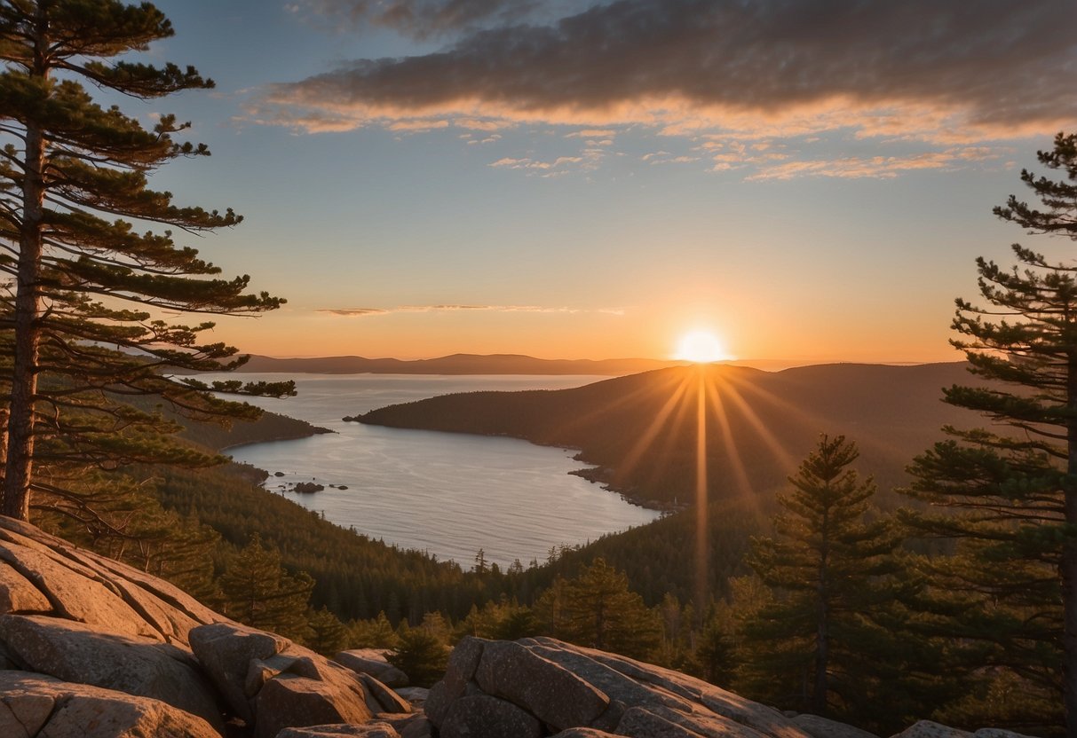 Sunrise over rugged coastline, pine forests, and granite peaks at Acadia National Park, ME. Orienteering markers dot the landscape