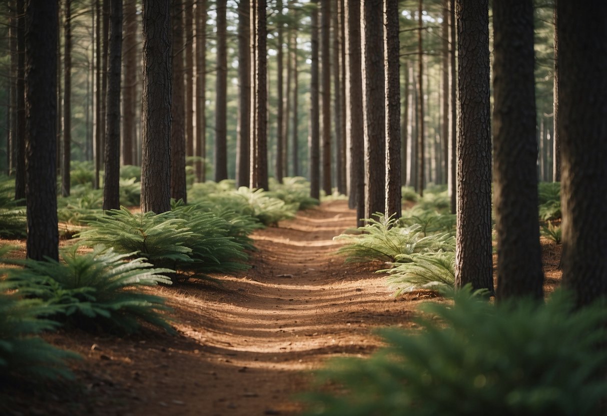 A serene pine forest in NJ, with winding trails and vibrant foliage, creating a picturesque orienteering site