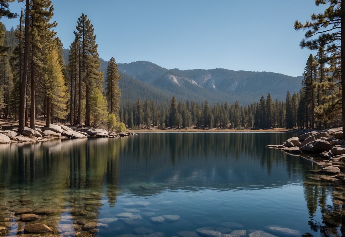 A serene lake nestled among towering pine trees in Tahoe National Forest, with a backdrop of rugged mountains and a clear blue sky