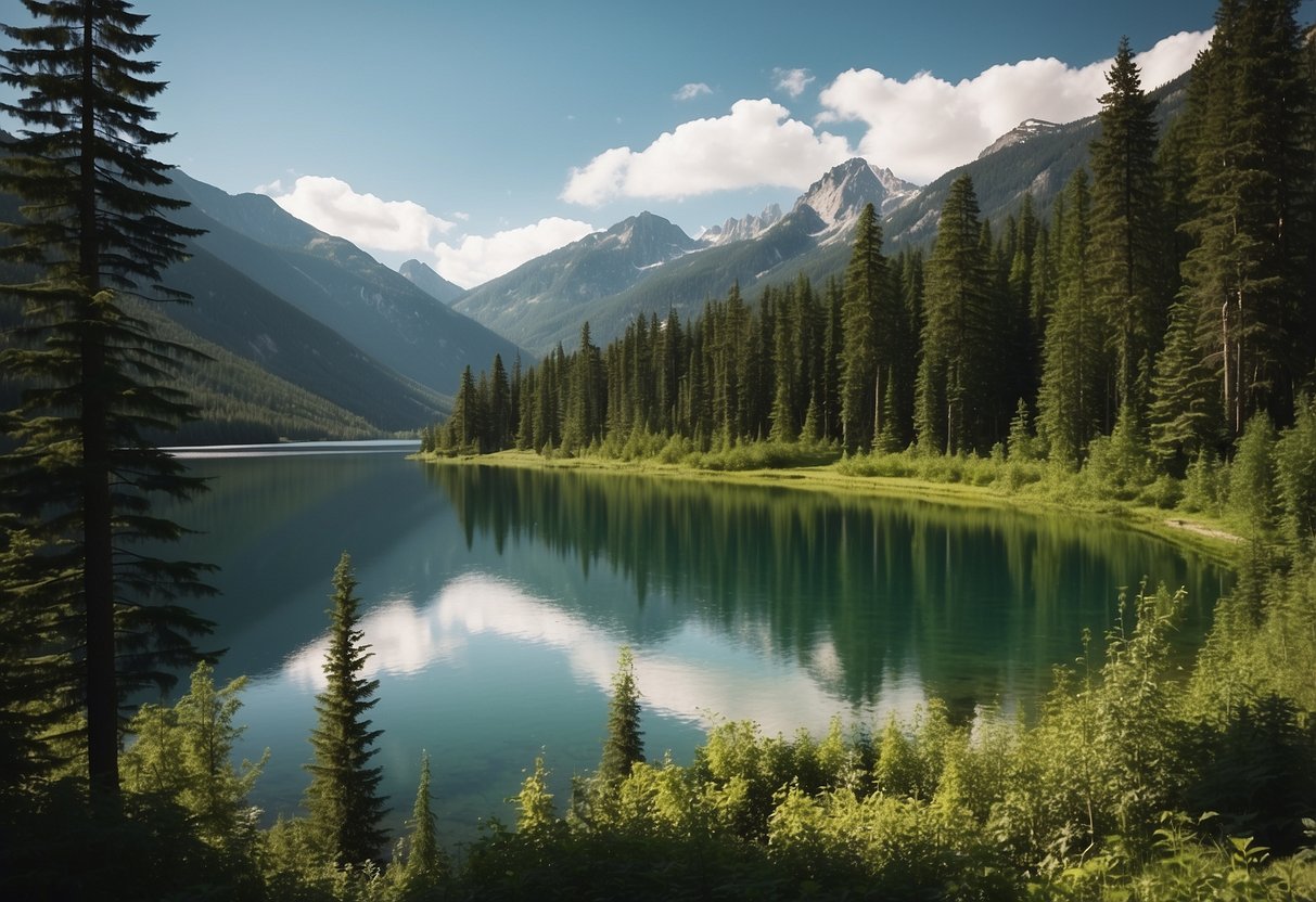 Lush green forest with winding trails and towering white mountains in the background. A serene lake reflects the surrounding natural beauty