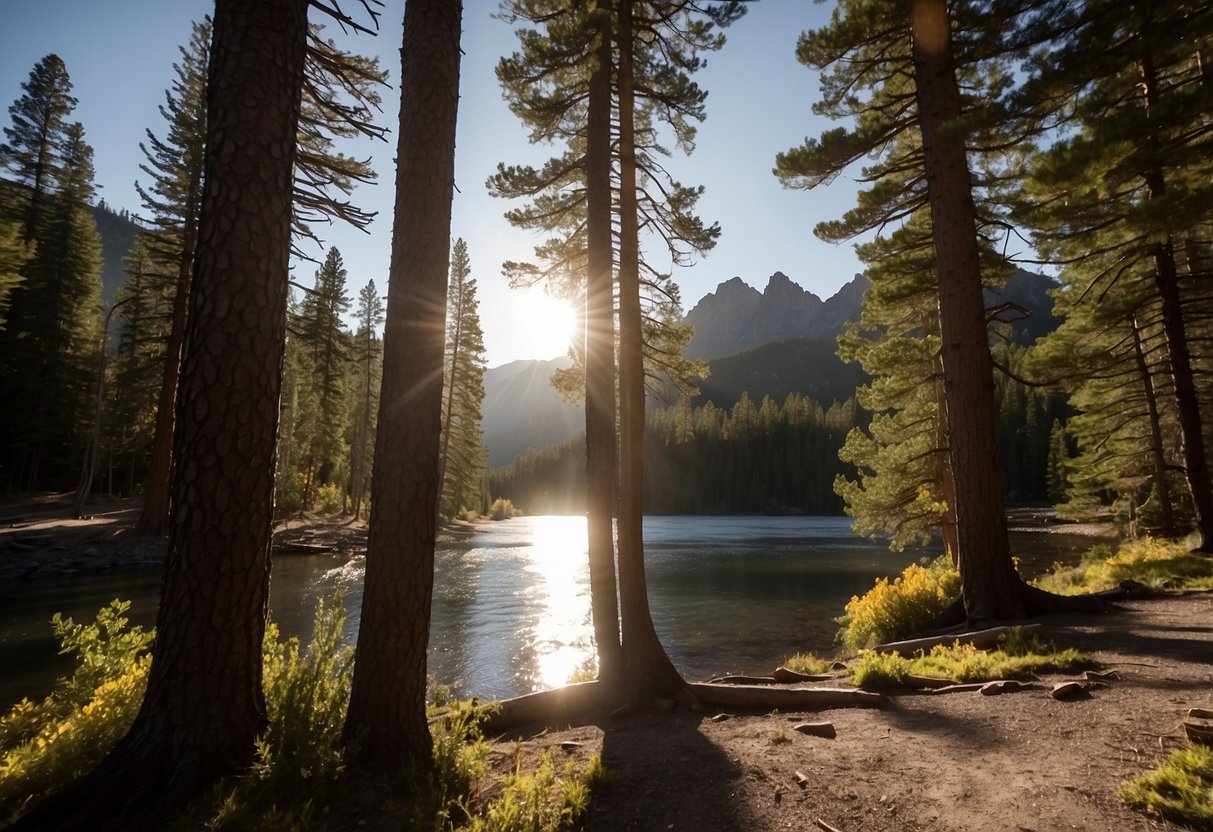 Sunlight filters through dense pine forest, casting dappled shadows on the rugged terrain. A tranquil river winds through the landscape, reflecting the towering peaks of the Sawtooth Mountains