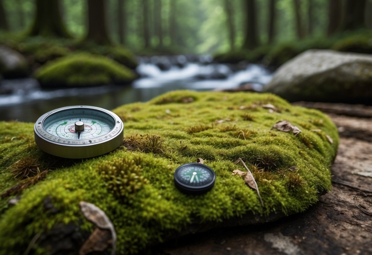 A lush forest with winding trails, a serene lake, and vibrant wildflowers. A map and compass lay on a mossy rock, showcasing the benefits of orienteering in the tranquil setting