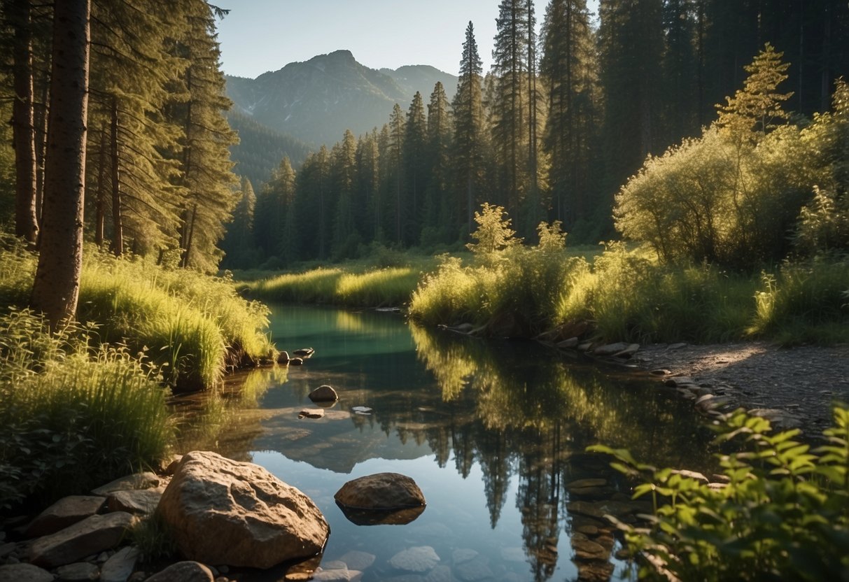 A lush forest with winding trails, vibrant flora, and diverse wildlife. A serene lake reflects the surrounding mountains. The sun casts dappled light through the trees, creating a picturesque orienteering site