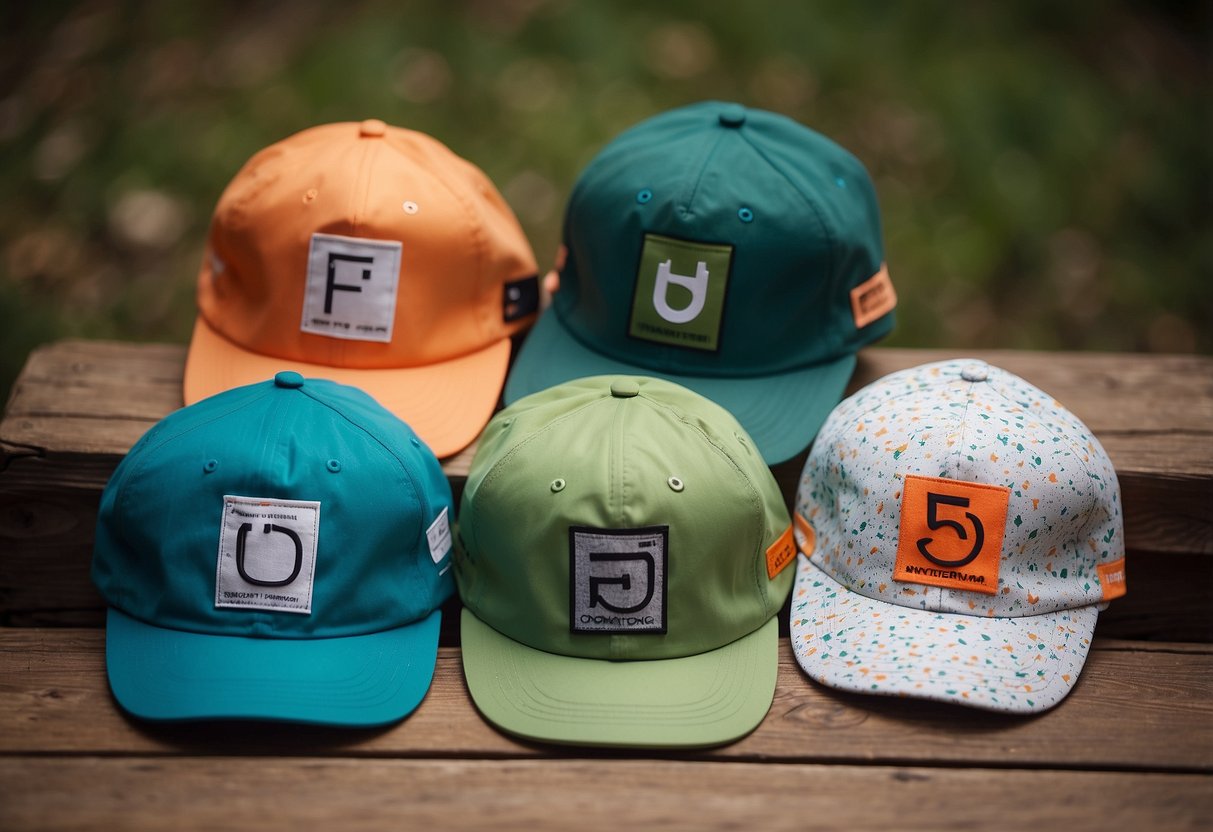 A group of five lightweight orienteering hats arranged neatly on a wooden table, each hat showcasing different colors and designs