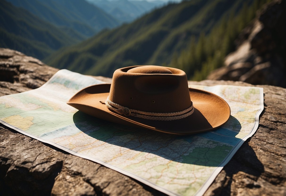 A wide-brimmed hat atop a rugged mountain peak, casting a shadow over a map and compass. Sunlight filters through the brim, highlighting its lightweight and durable construction