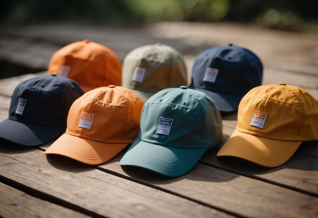 Five lightweight orienteering hats displayed on a table, showcasing their key features