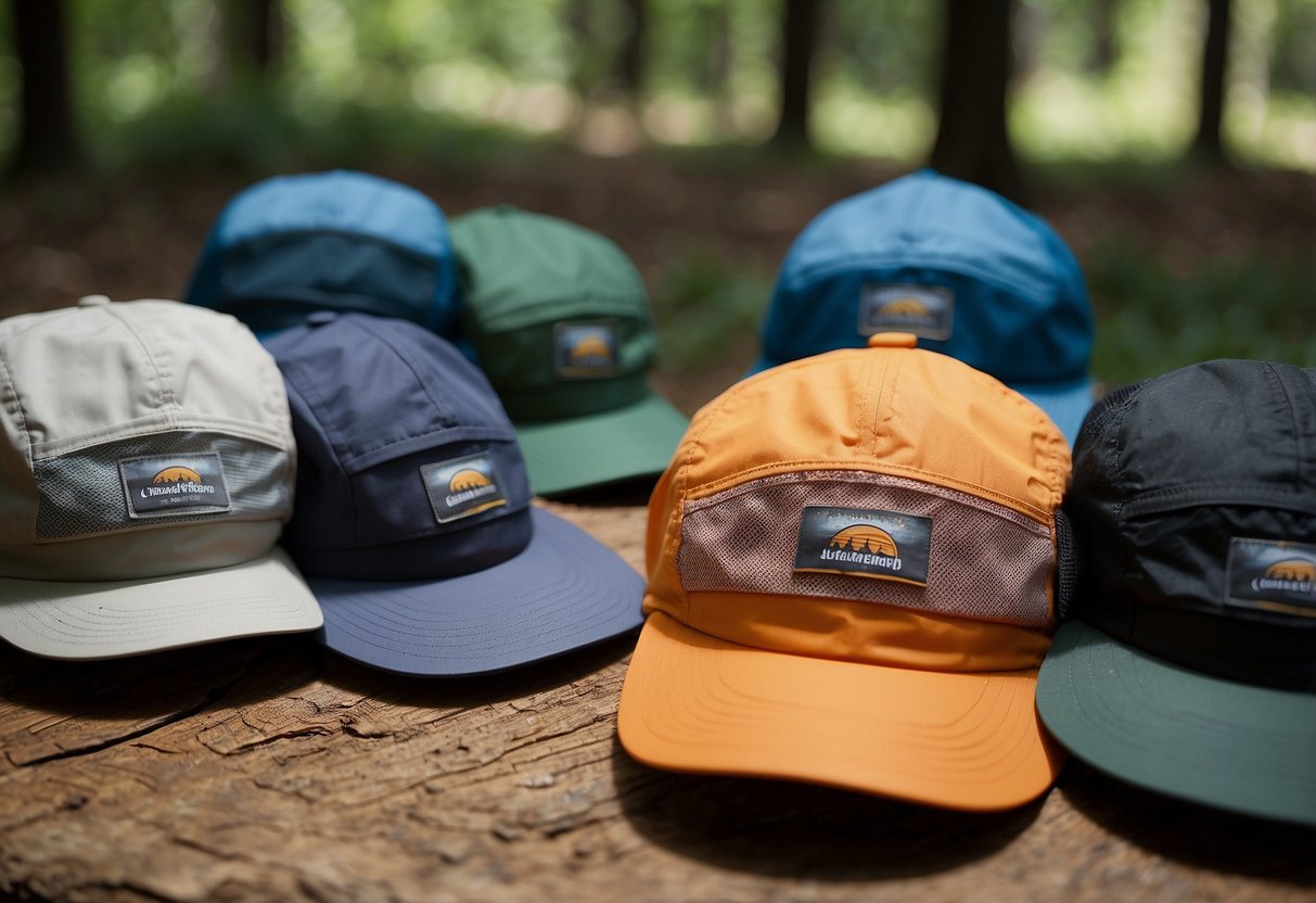 A table with 5 lightweight orienteering hats, surrounded by materials like polyester, nylon, and mesh. Each hat has adjustable straps and a brim for sun protection