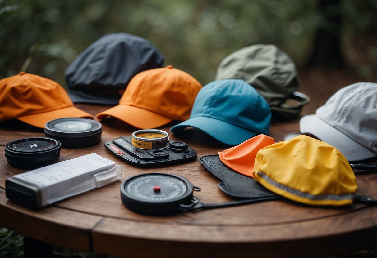 A table with 5 lightweight orienteering hats displayed, surrounded by maintenance tools and care products