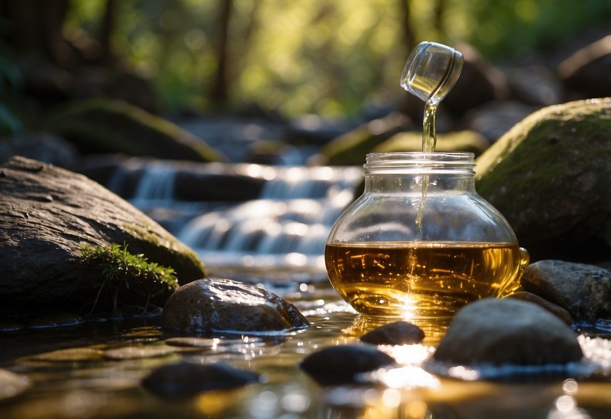 Clear stream flows over rocks, sunlight filters through trees, a small fire heats a pot, a solar still collects condensation, a hand pump draws from a well, iodine tablets dissolve in a canteen, a water filter attaches to a bottle