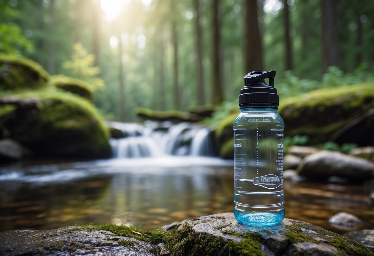 A portable bottle filters water in 10 ways while surrounded by orienteering gear and a natural setting