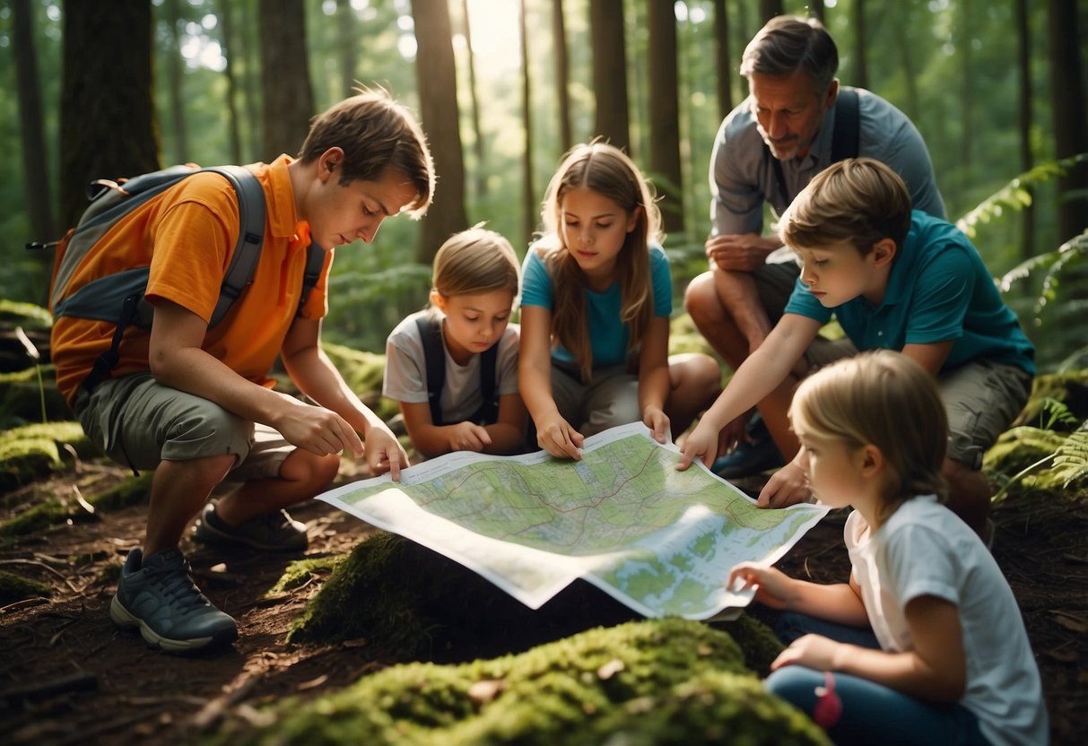 A group of children and adults gather around a map, compass, and trail markers in a lush forest setting. The kids eagerly listen as the leader explains the basics of orienteering, while the sun peeks through the trees overhead